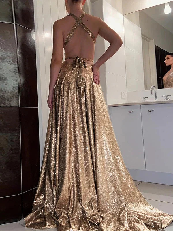 Dress A Line V-neck Sweep Train Backless Sequined Prom Dresses With Slit Party Dress