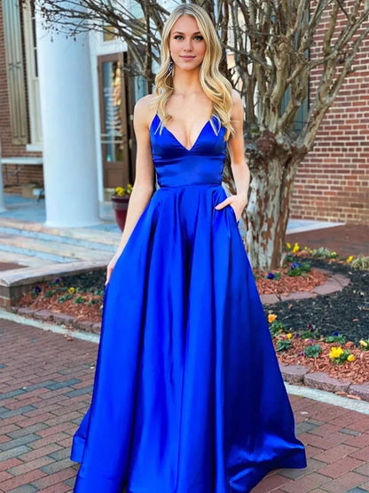 Dress A Line V Neck Backless Satin Long Prom Dresses Royal Blue Formal Evening Gowns