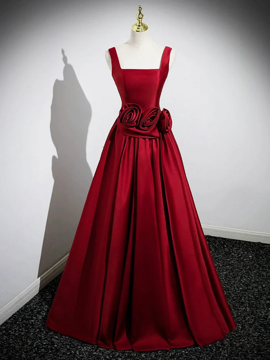 Dress A Line Wide Straps Burgundy Satin Long Prom Dress with Flower Party Dress