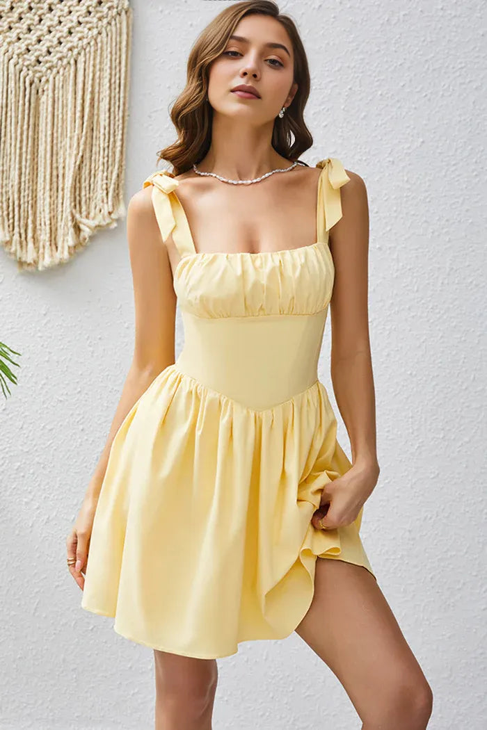 Dress A Line Yellow Square Neck Short Homecoming Dress Sleeveless Lace Up Party Dress