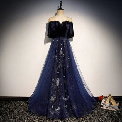 Dress A line Navy Blue Velvet Prom Dresses Sexy Evening Dress Party Dress