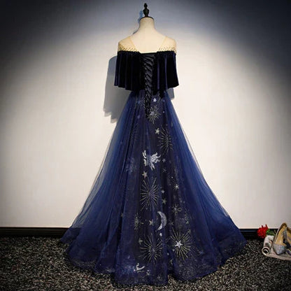 Dress A line Navy Blue Velvet Prom Dresses Sexy Evening Dress Party Dress