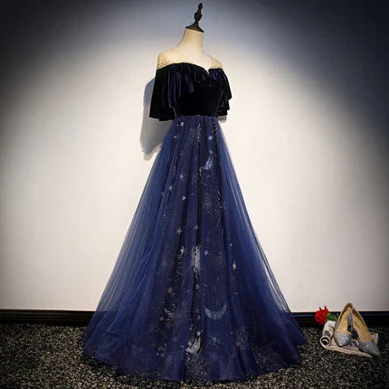 Dress A line Navy Blue Velvet Prom Dresses Sexy Evening Dress Party Dress