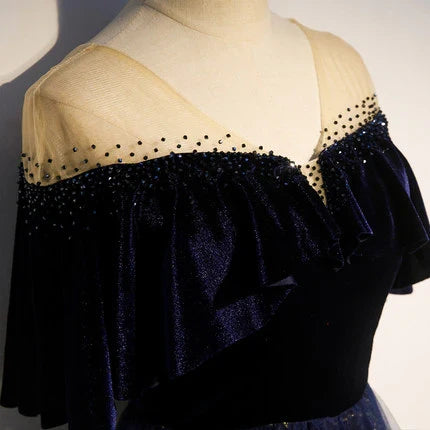 Dress A line Navy Blue Velvet Prom Dresses Sexy Evening Dress Party Dress