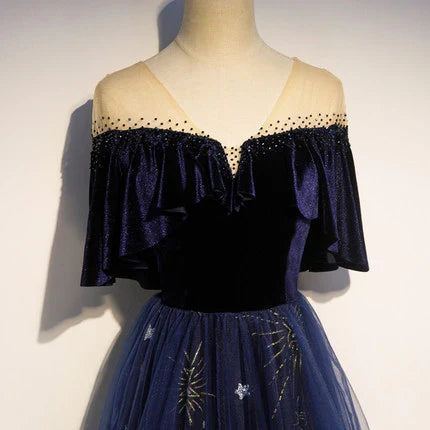 Dress A line Navy Blue Velvet Prom Dresses Sexy Evening Dress Party Dress