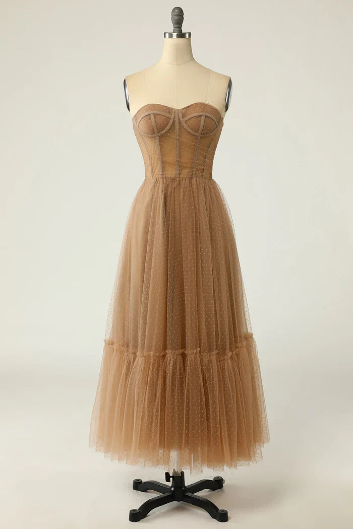 Dress A line Strapless Long Party Dress With Polka Dots Prom Dress