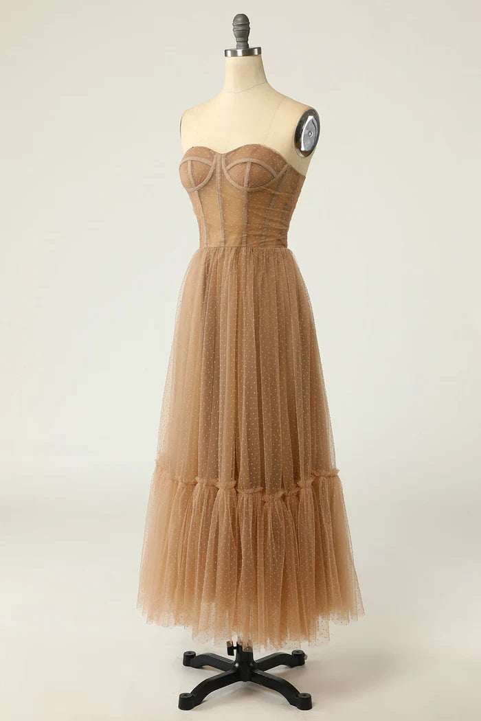 Dress A line Strapless Long Party Dress With Polka Dots Prom Dress