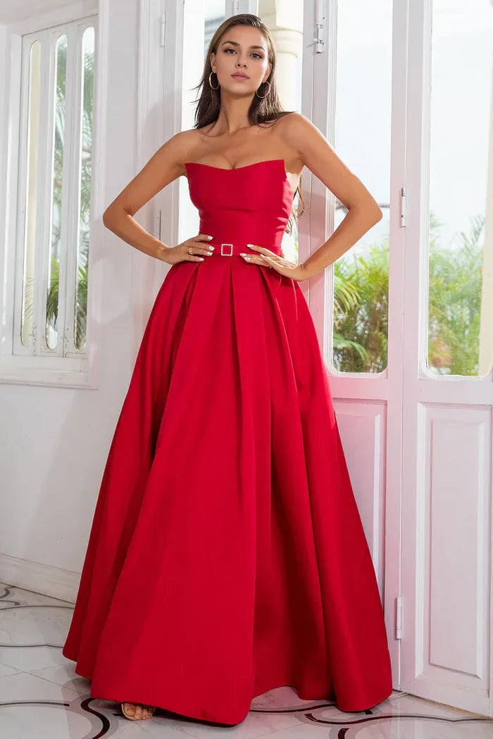 Dress A line Strapless Red Long Party Dress With Split Front Prom Dress