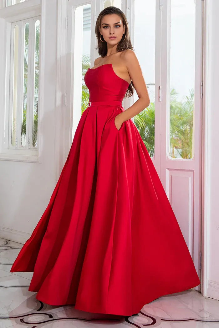 Dress A line Strapless Red Long Party Dress With Split Front Prom Dress