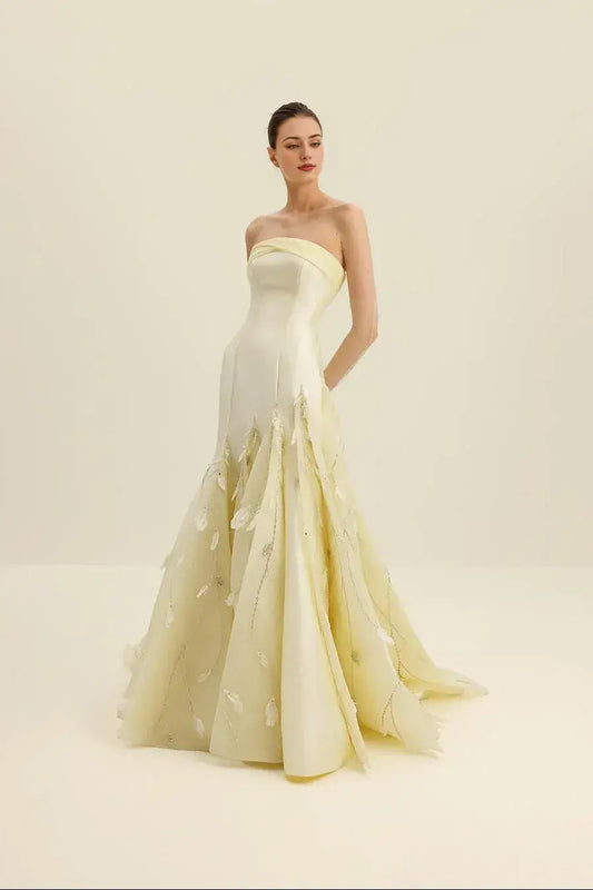 Dress Amazing Satin Light Daffodil Strapless Sleeveless Maxi Dress Party Dress With Embroidery Prom Dress