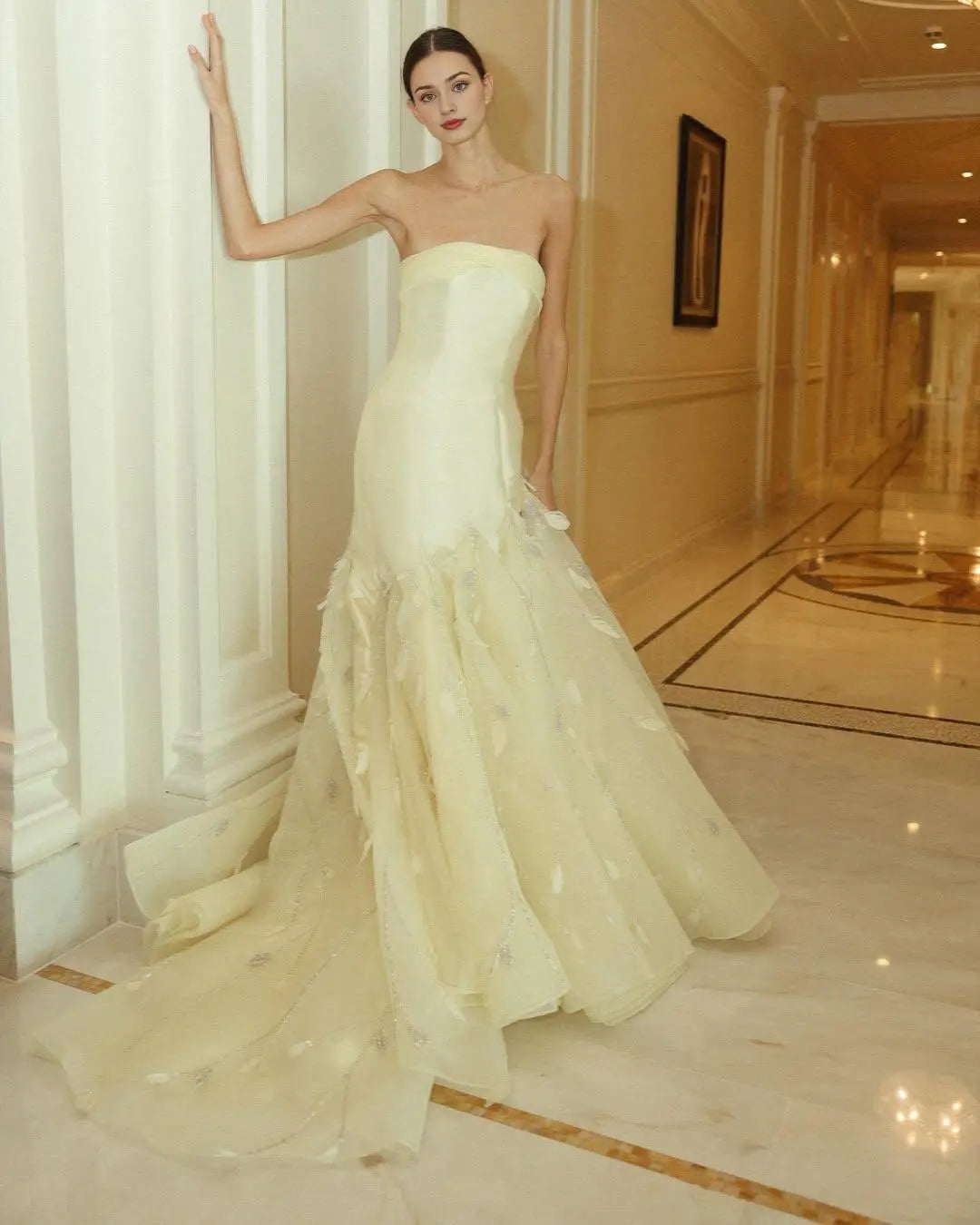 Dress Amazing Satin Light Daffodil Strapless Sleeveless Maxi Dress Party Dress With Embroidery Prom Dress