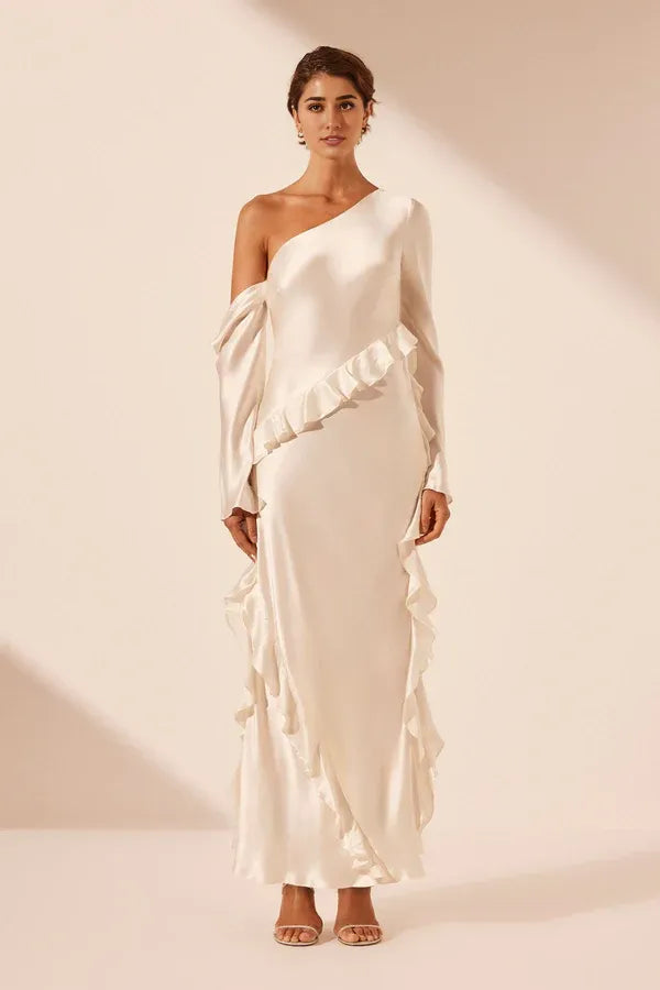 Dress Asymmetrical Long Sleeve Ruffle Maxi Dress Ankle Length Ruffle Ivory Party Dress Evening Dress