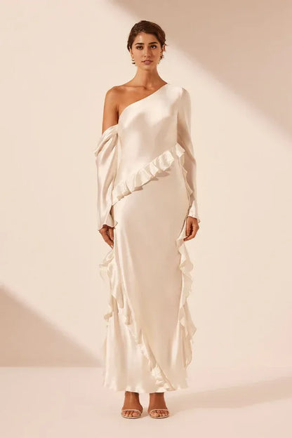 Dress Asymmetrical Long Sleeve Ruffle Maxi Dress Ankle Length Ruffle Ivory Party Dress Evening Dress
