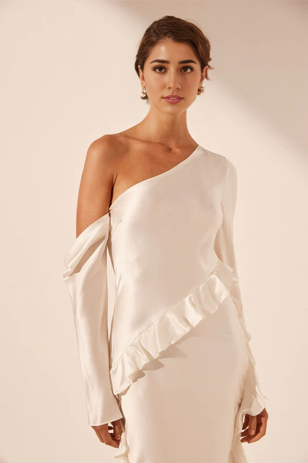 Dress Asymmetrical Long Sleeve Ruffle Maxi Dress Ankle Length Ruffle Ivory Party Dress Evening Dress