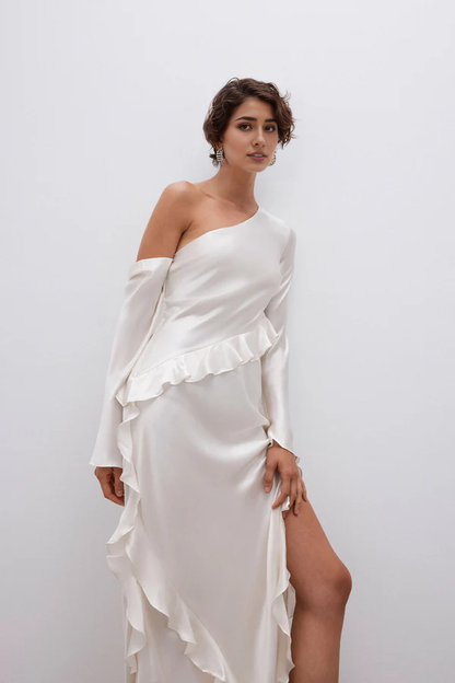 Dress Asymmetrical Long Sleeve Ruffle Maxi Dress Ankle Length Ruffle Ivory Party Dress Evening Dress