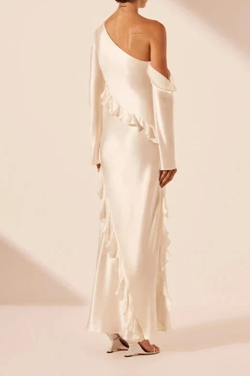 Dress Asymmetrical Long Sleeve Ruffle Maxi Dress Ankle Length Ruffle Ivory Party Dress Evening Dress