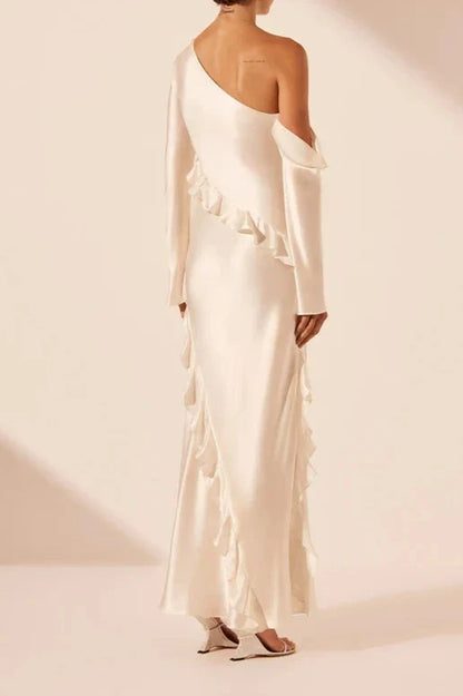Dress Asymmetrical Long Sleeve Ruffle Maxi Dress Ankle Length Ruffle Ivory Party Dress Evening Dress