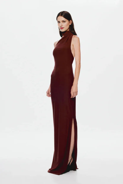 Dress Asymmetrical Neck Maxi Dress Sleeveless Sheath Column Solid Color Sexy Backless Prom Dress