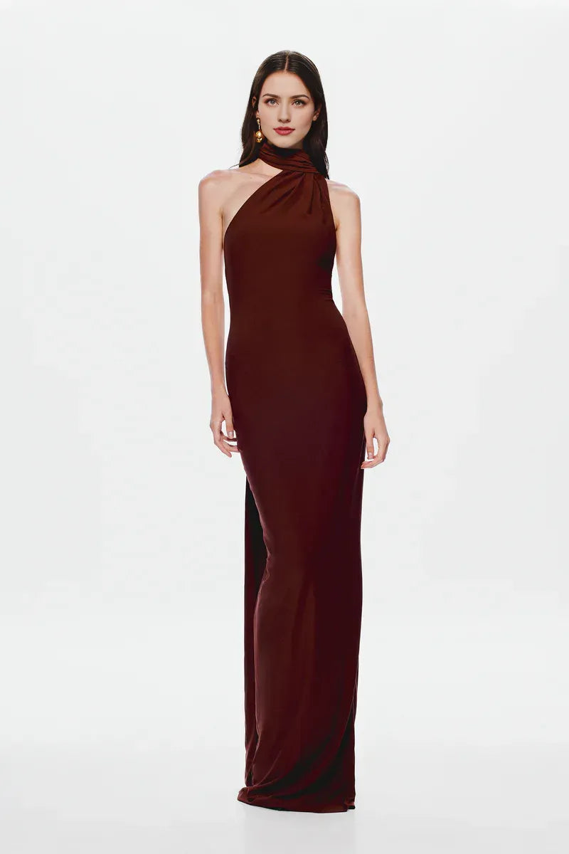 Dress Asymmetrical Neck Maxi Dress Sleeveless Sheath Column Solid Color Sexy Backless Prom Dress