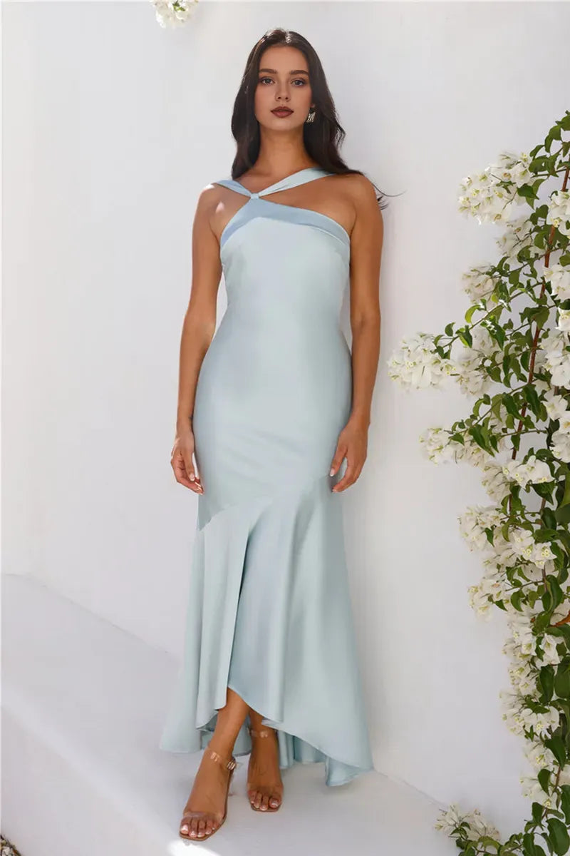 Dress Asymmetrical Neck Sleeveless Bodycon Fishtail Hem Backless Satin Maxi Prom Dresses Blue