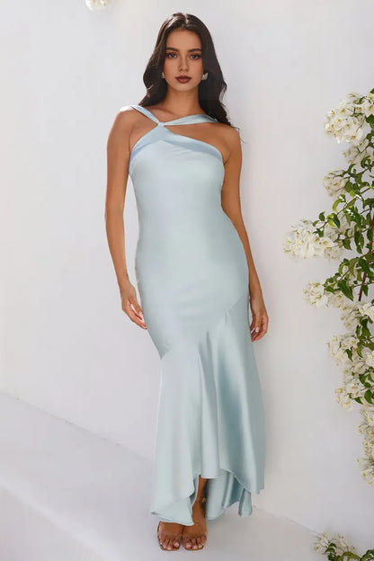 Dress Asymmetrical Neck Sleeveless Bodycon Fishtail Hem Backless Satin Maxi Prom Dresses Blue