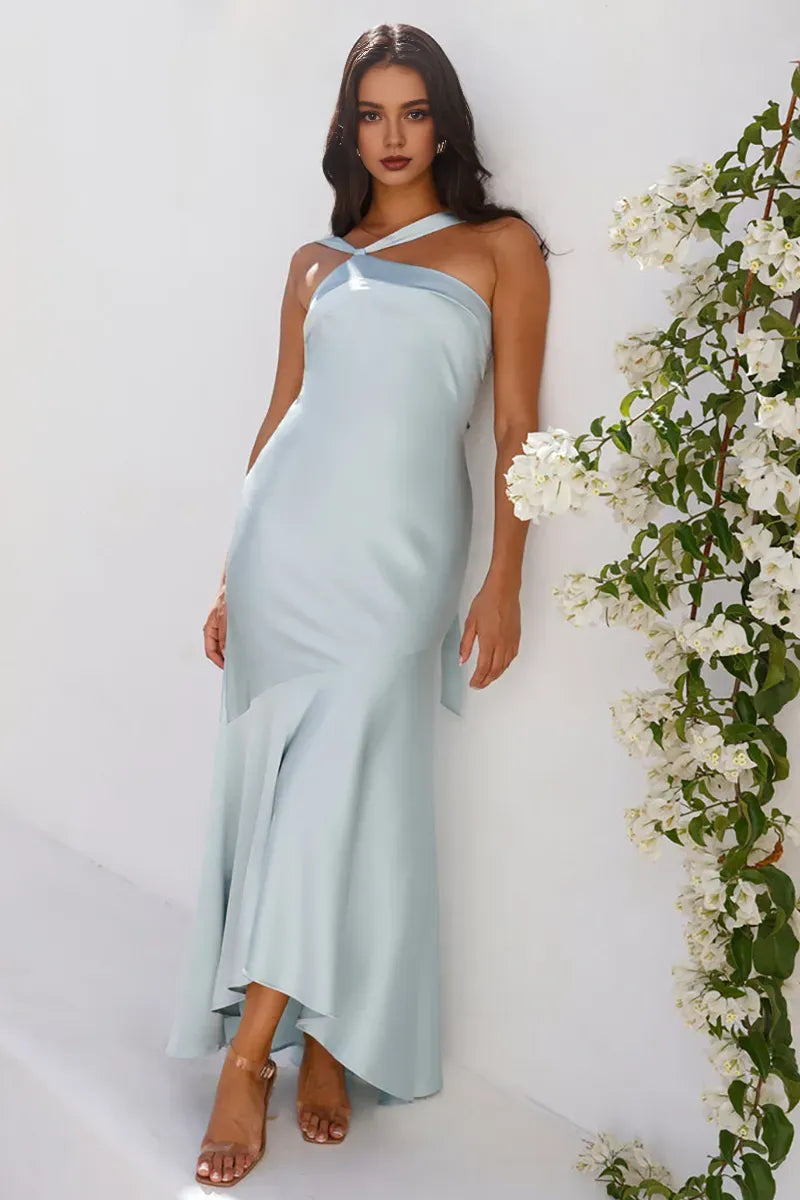 Dress Asymmetrical Neck Sleeveless Bodycon Fishtail Hem Backless Satin Maxi Prom Dresses Blue