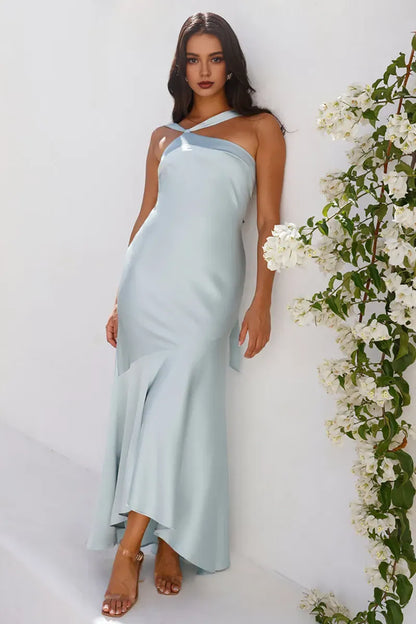Dress Asymmetrical Neck Sleeveless Bodycon Fishtail Hem Backless Satin Maxi Prom Dresses Blue