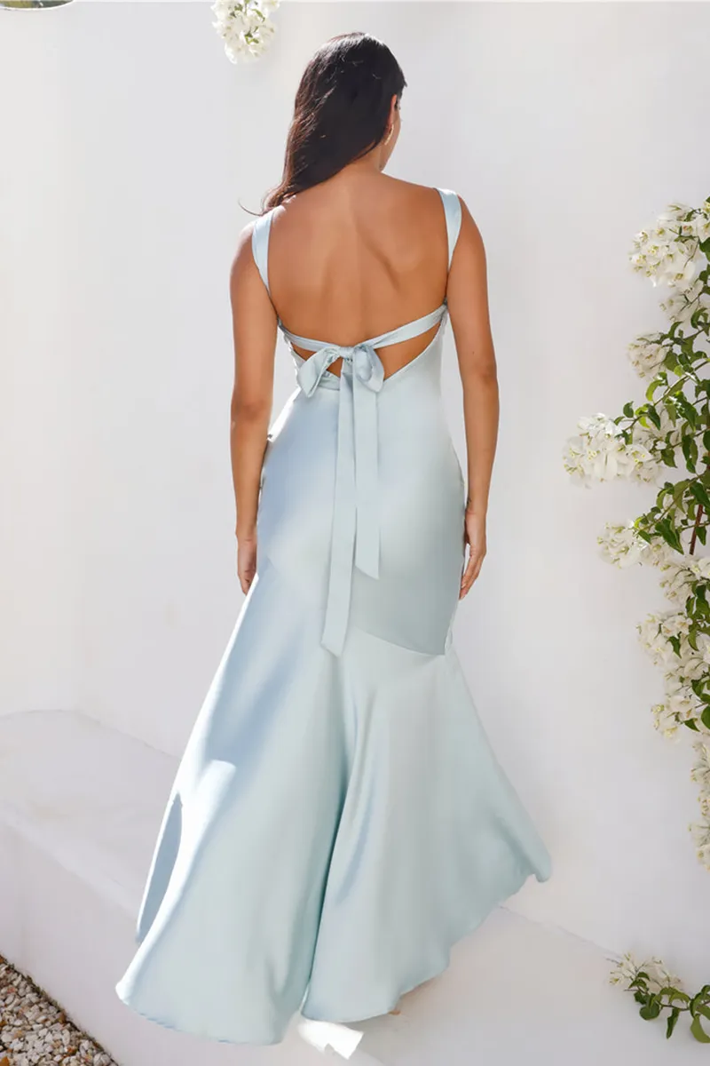 Dress Asymmetrical Neck Sleeveless Bodycon Fishtail Hem Backless Satin Maxi Prom Dresses Blue
