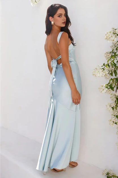 Dress Asymmetrical Neck Sleeveless Bodycon Fishtail Hem Backless Satin Maxi Prom Dresses Blue