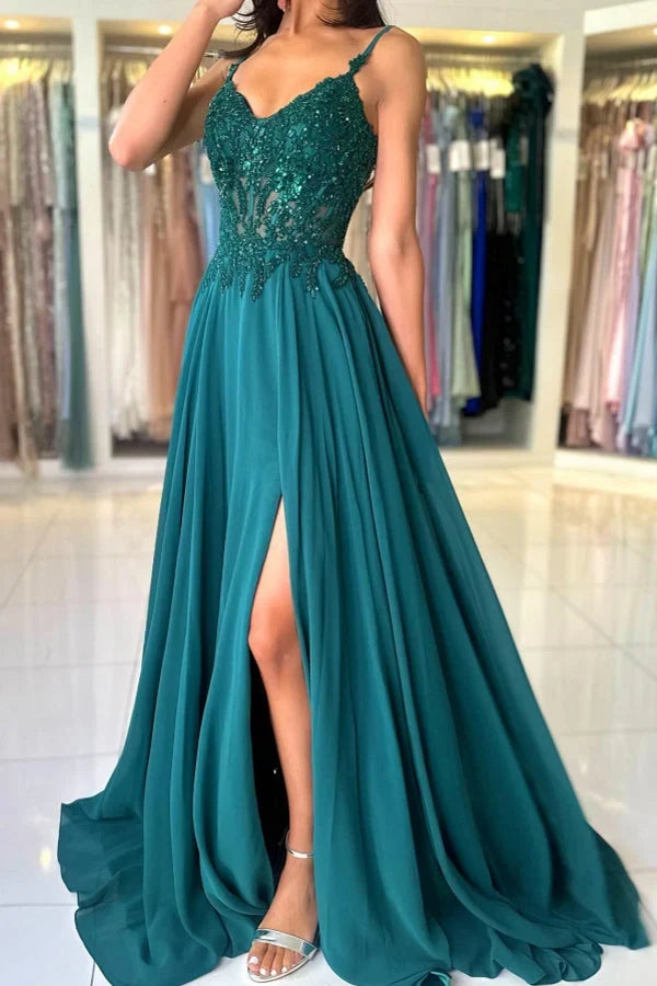 Dress Attractive Long Green A-line Spaghetti Straps Lace Prom Dress with Slit