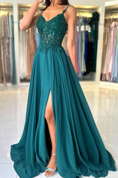 Dress Attractive Long Green A-line Spaghetti Straps Lace Prom Dress with Slit