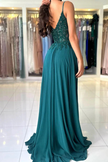 Dress Attractive Long Green A-line Spaghetti Straps Lace Prom Dress with Slit