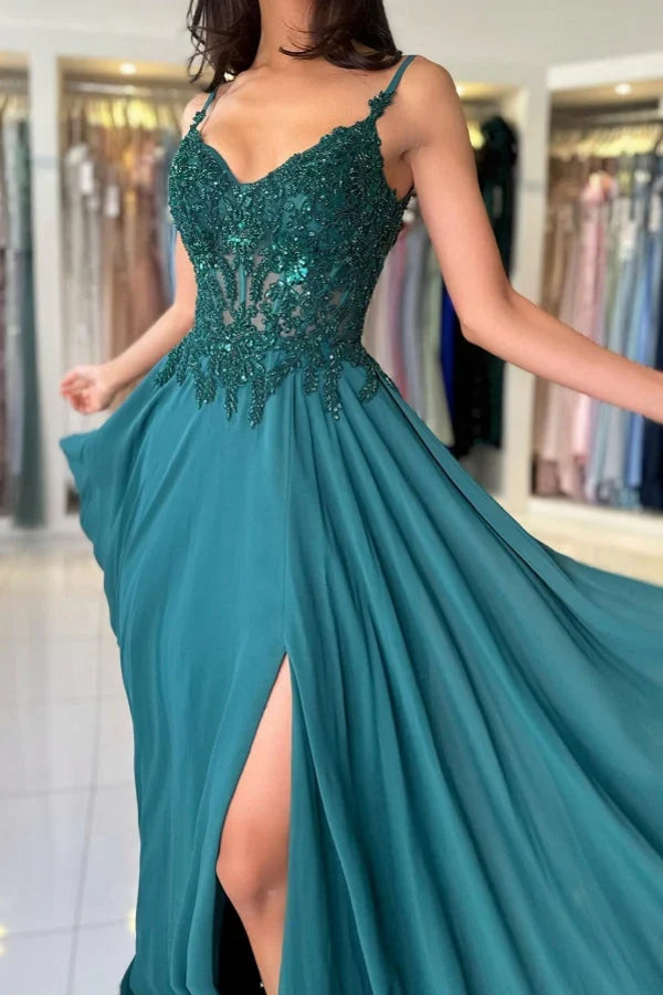Dress Attractive Long Green A-line Spaghetti Straps Lace Prom Dress with Slit