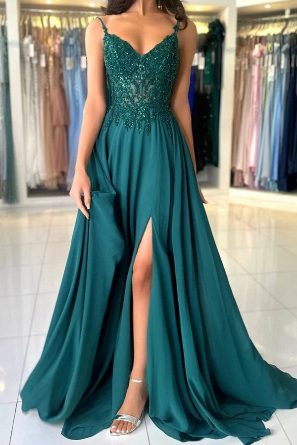 Dress Attractive Long Green A-line Spaghetti Straps Lace Prom Dress with Slit