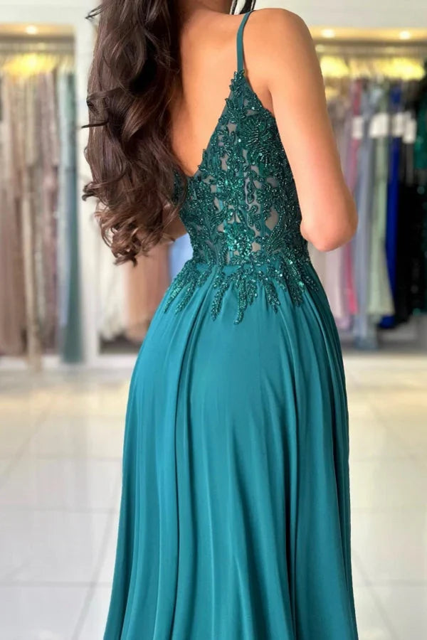 Dress Attractive Long Green A-line Spaghetti Straps Lace Prom Dress with Slit