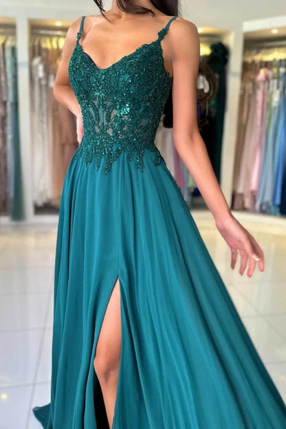 Dress Attractive Long Green A-line Spaghetti Straps Lace Prom Dress with Slit