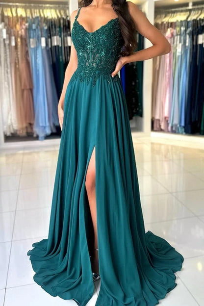 Dress Attractive Long Green A-line Spaghetti Straps Lace Prom Dress with Slit