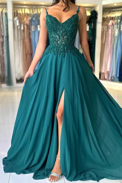 Dress Attractive Long Green A-line Spaghetti Straps Lace Prom Dress with Slit