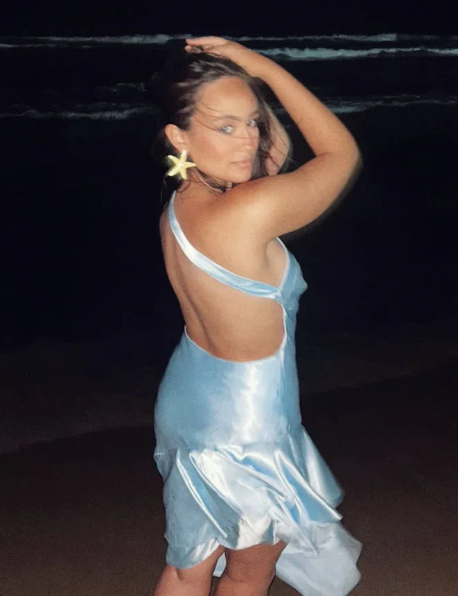 Dress Baby Blue Mermaid One Shoulder Satin Short Open Back Homecoming Dress Party Dress