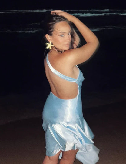 Dress Baby Blue Mermaid One Shoulder Satin Short Open Back Homecoming Dress Party Dress