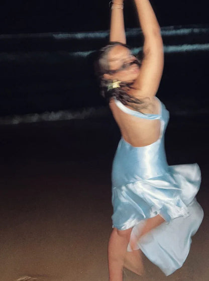 Dress Baby Blue Mermaid One Shoulder Satin Short Open Back Homecoming Dress Party Dress