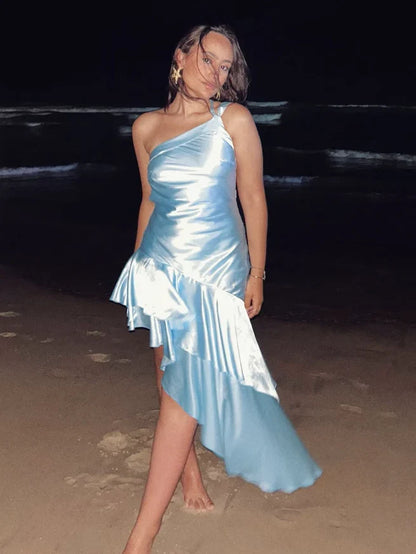 Dress Baby Blue Mermaid One Shoulder Satin Short Open Back Homecoming Dress Party Dress