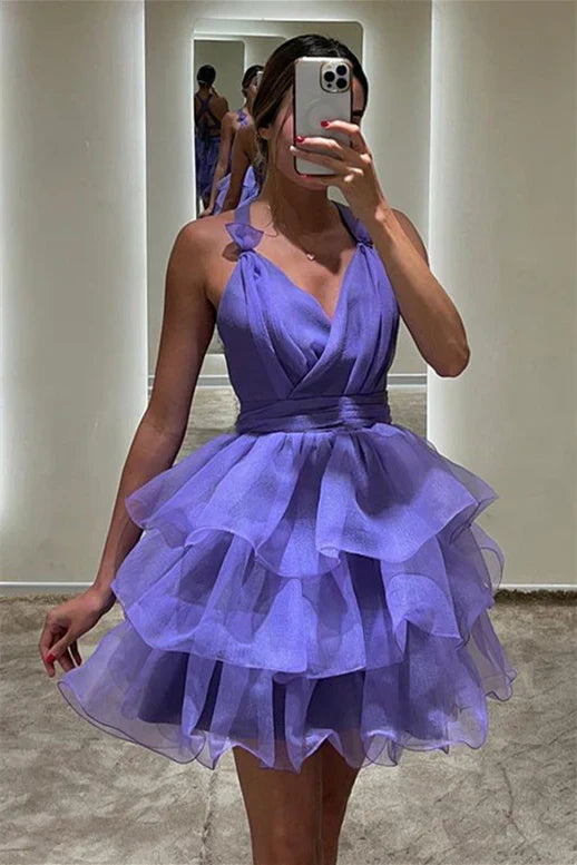 Dress Backless V Neck Purple Tiered A-line Short Dress Homecoming Dress