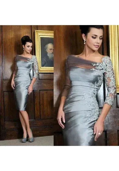 Dress Bateau Sheath Knee-length 3-4 Length Sleeve Satin Lace Appliques With Zipper Back Mother of Bride Dress
