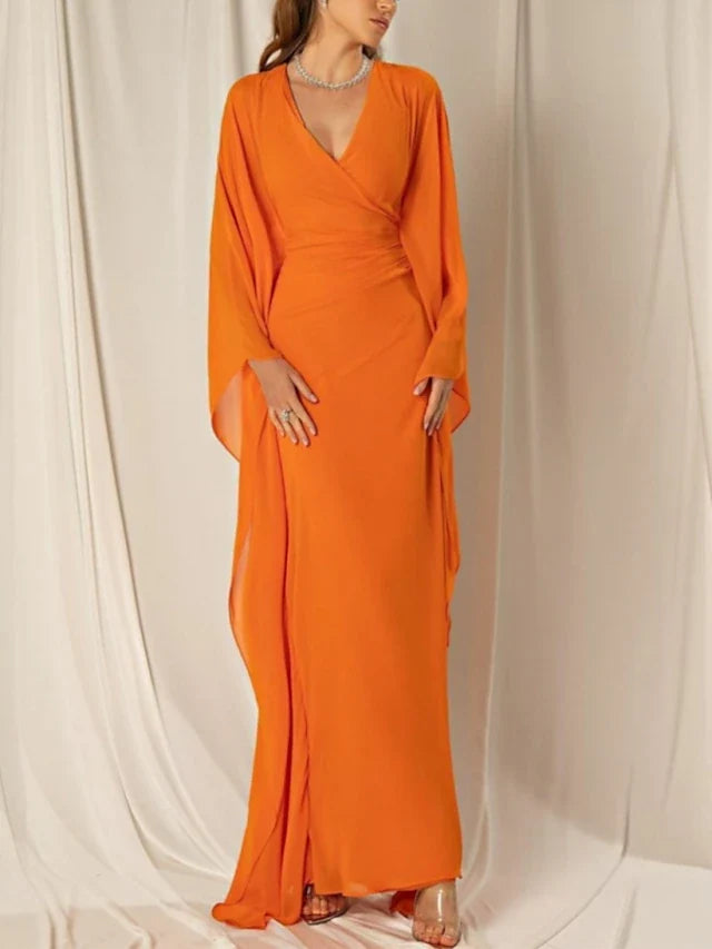 Dress Beach Sheath Elegant Dress Formal Fall Ankle Length Long Sleeve V Neck Chiffon With Ruched Ruffles Evening Dress