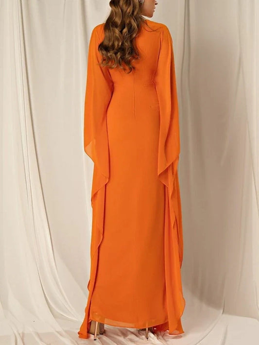 Dress Beach Sheath Elegant Dress Formal Fall Ankle Length Long Sleeve V Neck Chiffon With Ruched Ruffles Evening Dress