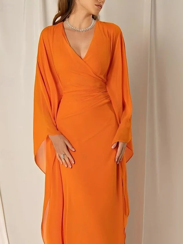Dress Beach Sheath Elegant Dress Formal Fall Ankle Length Long Sleeve V Neck Chiffon With Ruched Ruffles Evening Dress