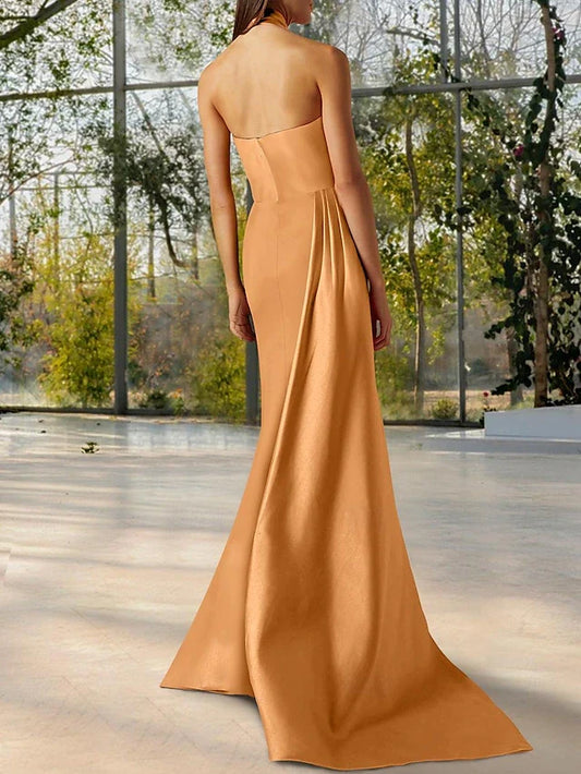 Dress Beach Wedding Mermaid Sexy Dress Formal Wedding Guest Court Train Sleeveless Halter Neck Satin With Ruched Slit Evening Dress