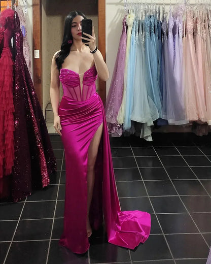 Dress Beaded Strapless Dark Green Satin Mermaid Formal Dress Maxi Dress Prom Dress