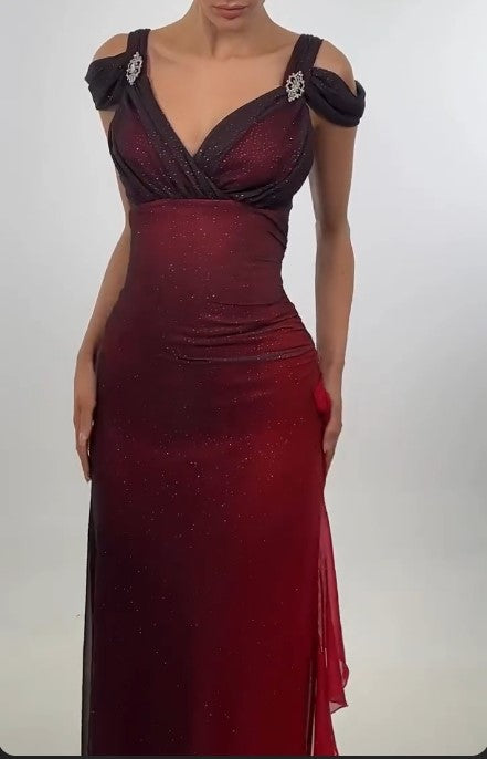 Dress Beautiful A line V Neck Straps Ombre Red Long Chiffon Prom Dress